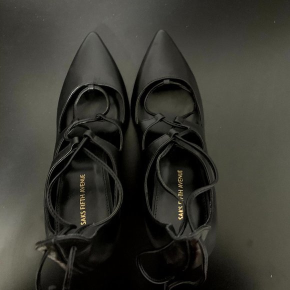 Saks Fifth Avenue Black Lace Up Stilettos - Picture 6 of 11